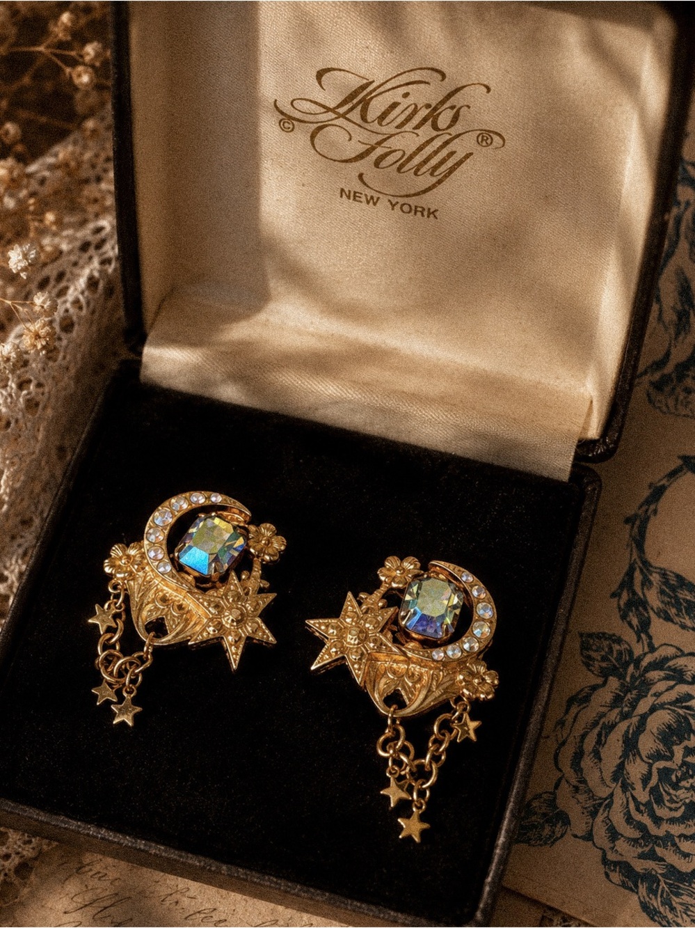 Kirks Folly Celestial Moon Star Aurora Borealis Clip On Earrings
